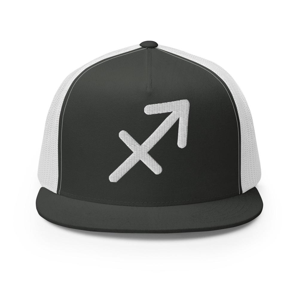 Sagittarius Zodiac Embroidered Flat Bill Trucker Hat - Charcoal/White Color - https://ascensionemporium.net